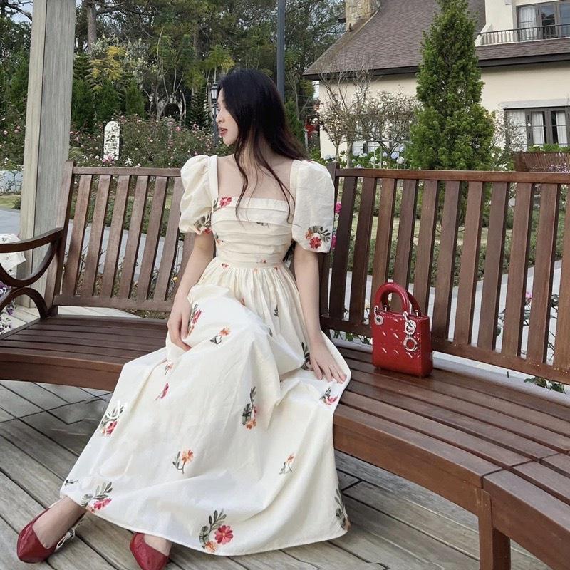 ĐẦM ĐI CHƠI, ĐẦM XÒE DÁNG DÀI CỔ VUÔNG CÚP NGỰC TAY NGẮN PHỒNG CỰC XINH