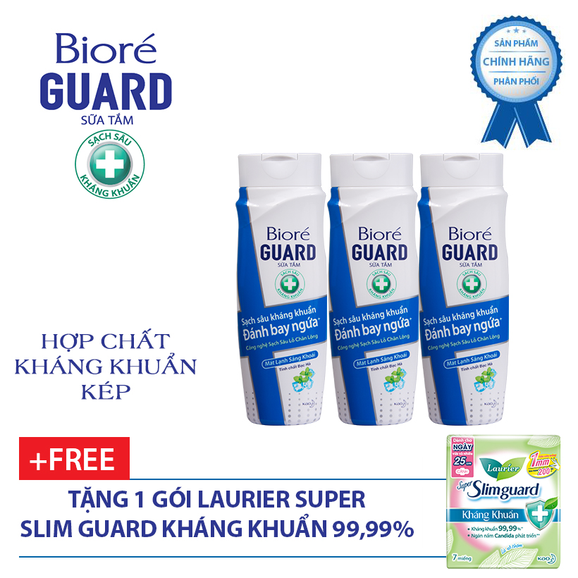 Bộ 3 Sữa Tắm Sạch Sâu Kháng Khuẩn Mát Lạnh Sảng Khoái Biore Guard 220g Tặng 1 Băng vệ sinh siêu mỏng Laurier 7 Miếng