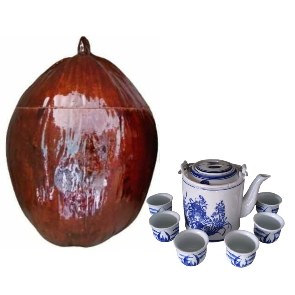 Bộ Giữ Ấm Bình Trà Trái Dừa Có Sơn Bóng Màu Nâu Đỏ, Bình Trà 1000 - 1200ml - Sản Phẩm Được Sản Xuất Tại Bến Tre