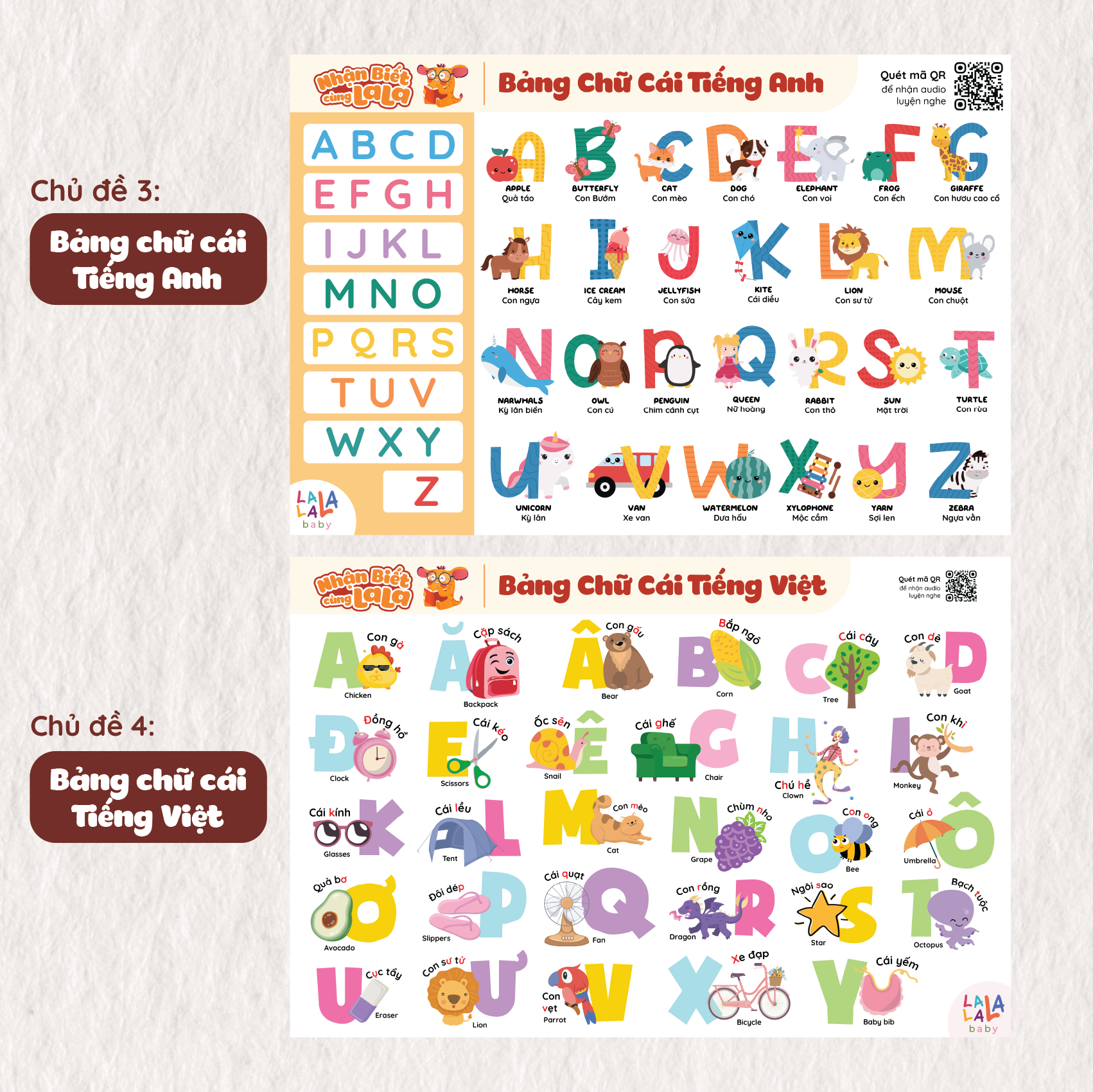 Đồ Chơi Giáo Dục - Poster Dán Tường (Không Keo Dính) Song Ngữ Anh Việt - Bảng Chữ Cái - Chữ Số - Cửu Chương - Động Vật - Lalala baby