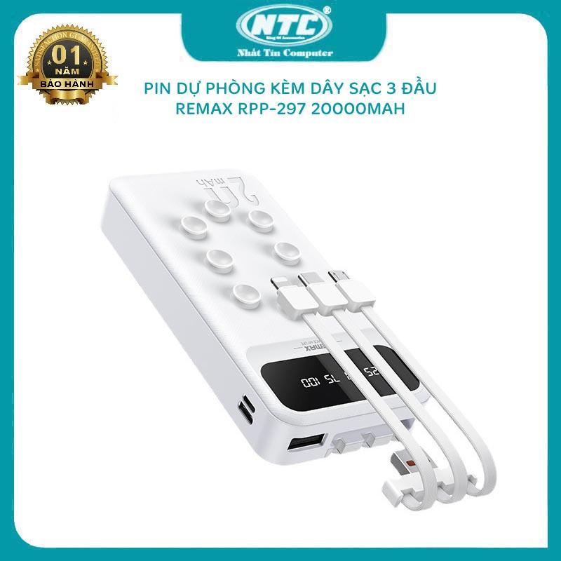 Pin dự phòng Remax RPP-297 Lefen Series 20000mAh kèm cáp 3 đầu - tích hợp cao su hít giữ (trắng) - Hàng Chính Hãng