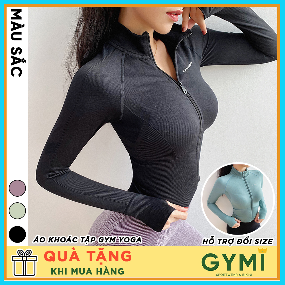 Áo khoác tập gym yoga nữ GYMI AK01 dáng croptop thể thao chất vải dệt dày dặn thoáng khí chống nắng