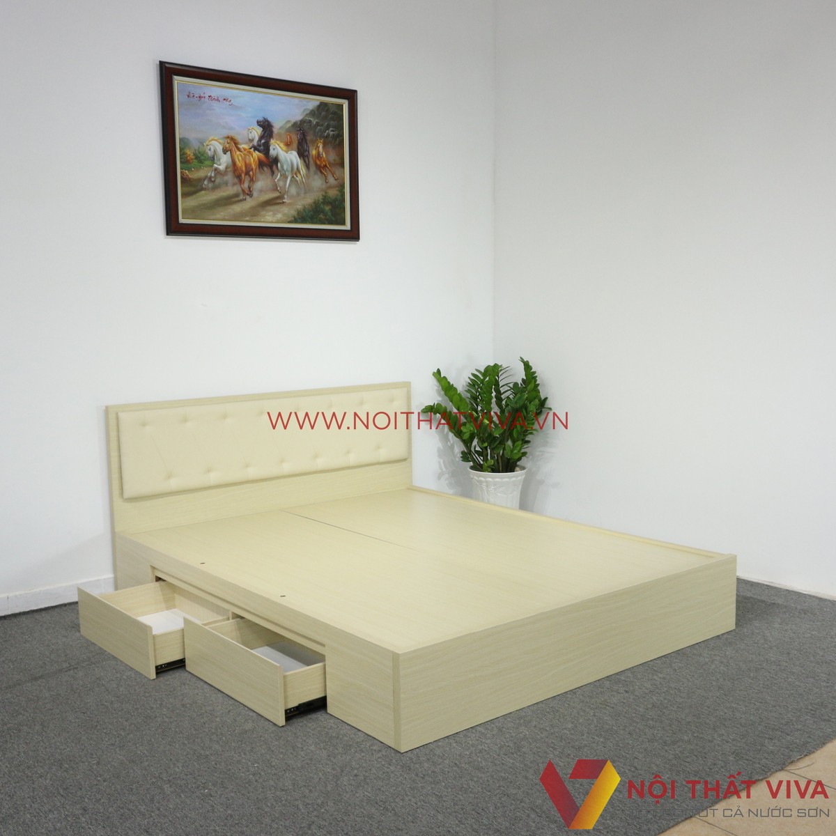 Giường Ngủ Gỗ MDF Melamine Màu Vàng Kem Có Ngăn Kéo + Đầu Nệm Đẹp