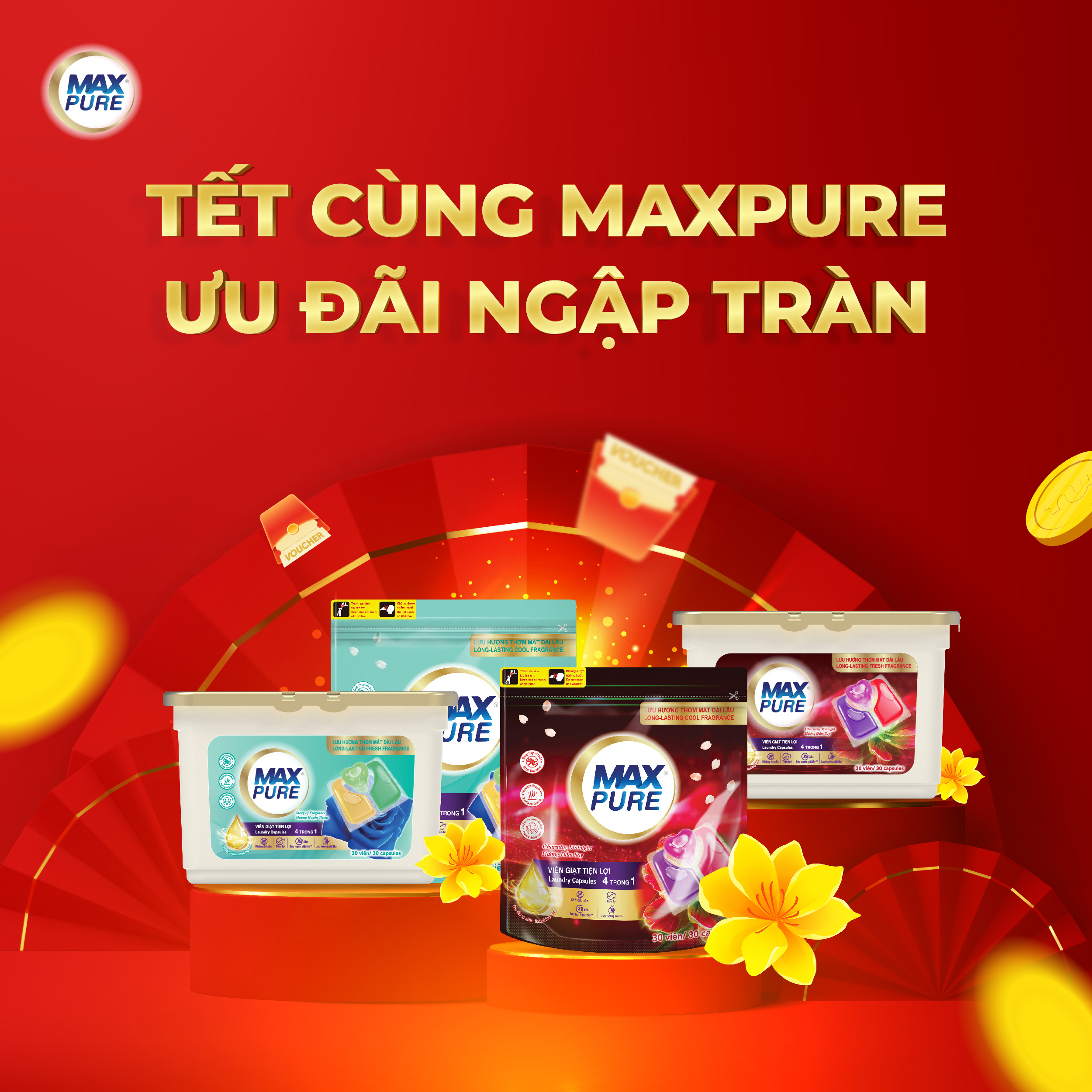 Combo (Túi|Hộp) Viên Giặt Tiện Lợi Max Pure 4in1 - Công Nghệ Carezyme bảo về quần áo bền đẹp không phai màu theo thời gian