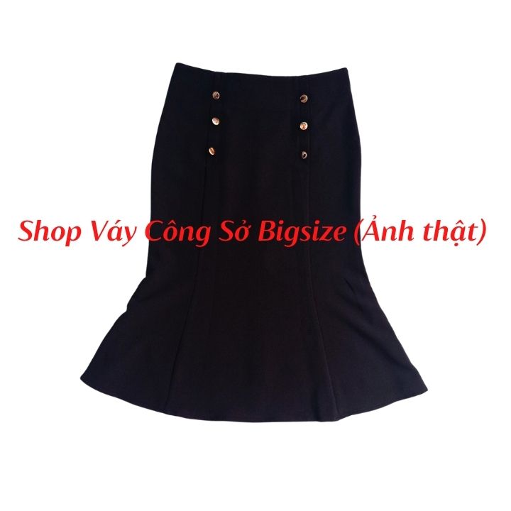 Chân váy đuôi cá công sở, màu đen, dáng dài qua gối phối nút trẻ trung vải kaki thun co giãn - Shop váy công sở bigsize CV0015
