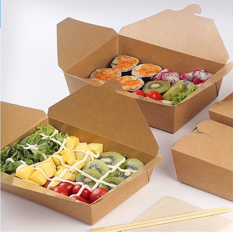 50 Hộp giấy kraft nâu móc chéo đựng cơm văn phòng, salad, xôi, bún đậu, đồ ăn mang về