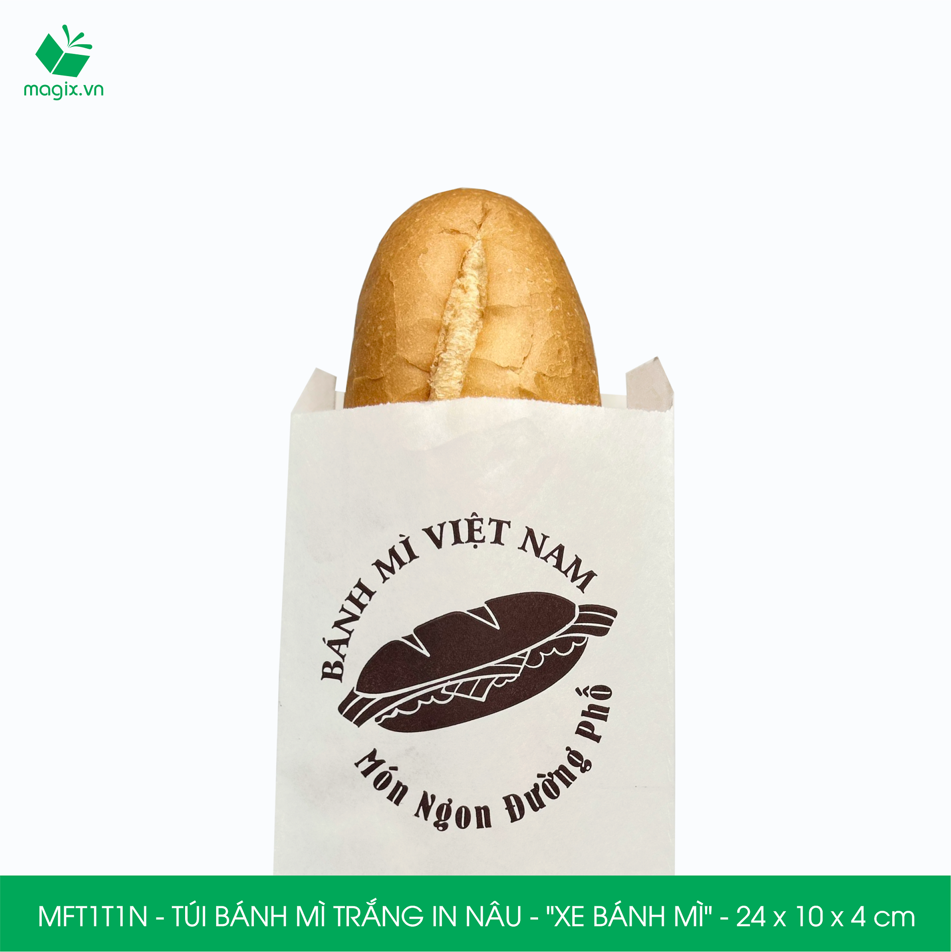 MFT1T1N - 24x10x4 cm - 1000Túi bánh mì Trắng, in sẵn họa tiết XE BÁNH MÌ - Bao bánh mì Túi giấy thực phẩm an toàn