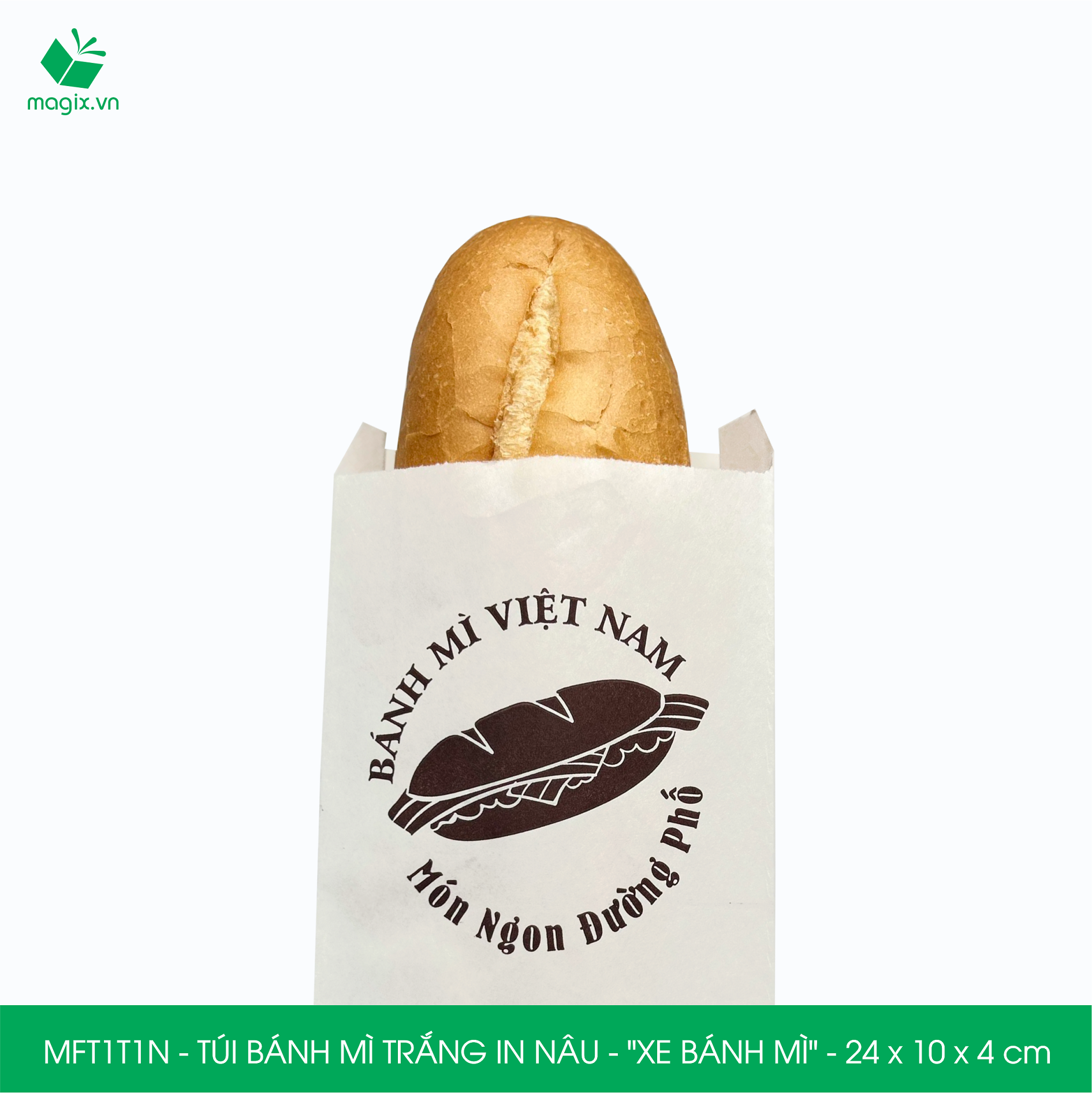 MFT1T1N - 24x10x4 cm - 200 Túi bánh mì Trắng, in sẵn họa tiết XE BÁNH MÌ - Bao bánh mì Túi giấy thực phẩm an toàn