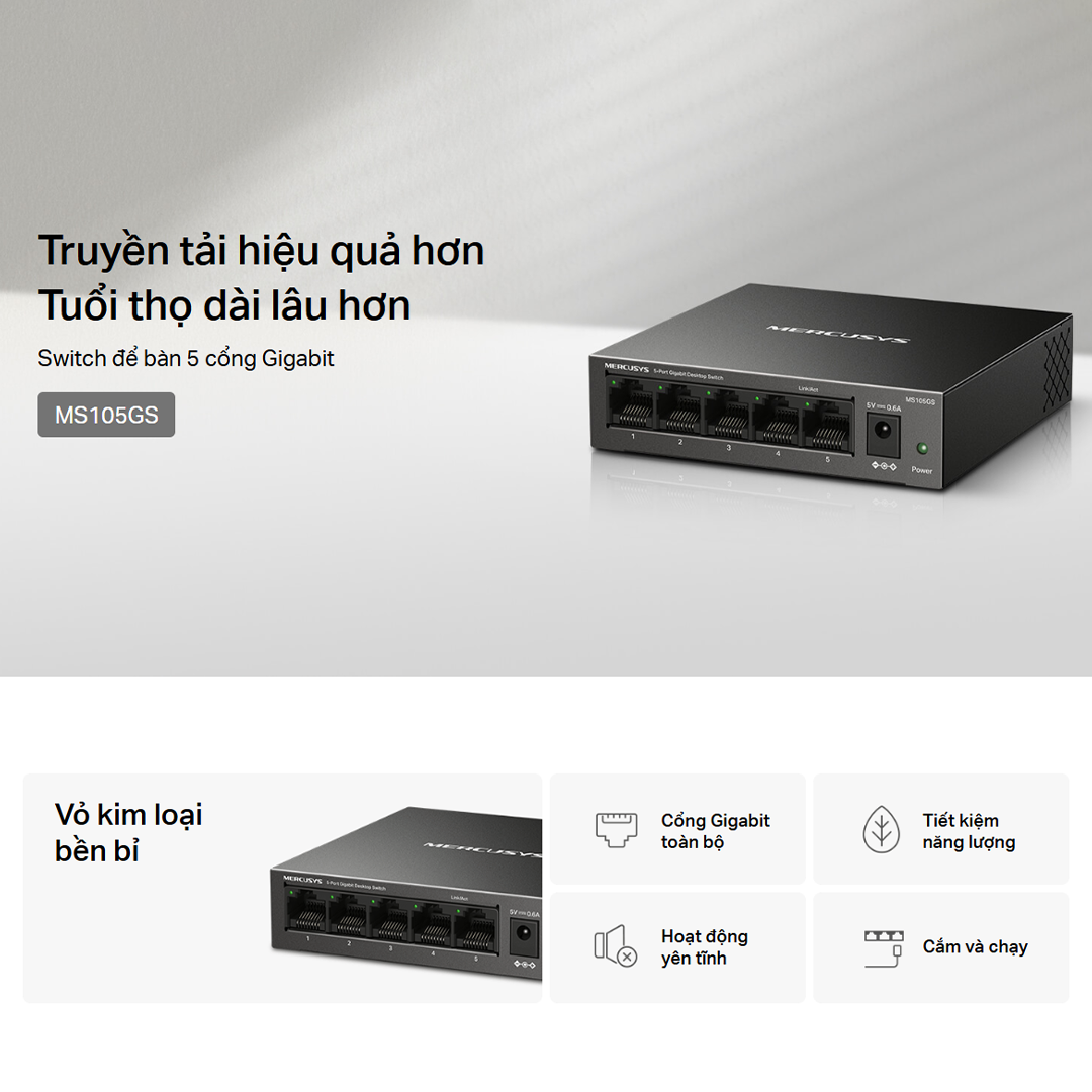 Bộ Switch Để Bàn Gigabit Mercusys MS105GS 5 cổng RJ45 10/100/1000 Mbps, Hỗ Trợ Auto-MDI/MDIX - Hàng Chính Hãng