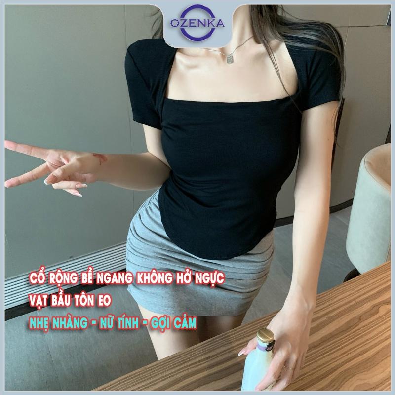 Áo thun vạt bầu ngắn tay cổ vuông ôm nữ , ao phông body nữ mẫu mới 2022 cotton 100% màu đen trắng dưới 50 cân