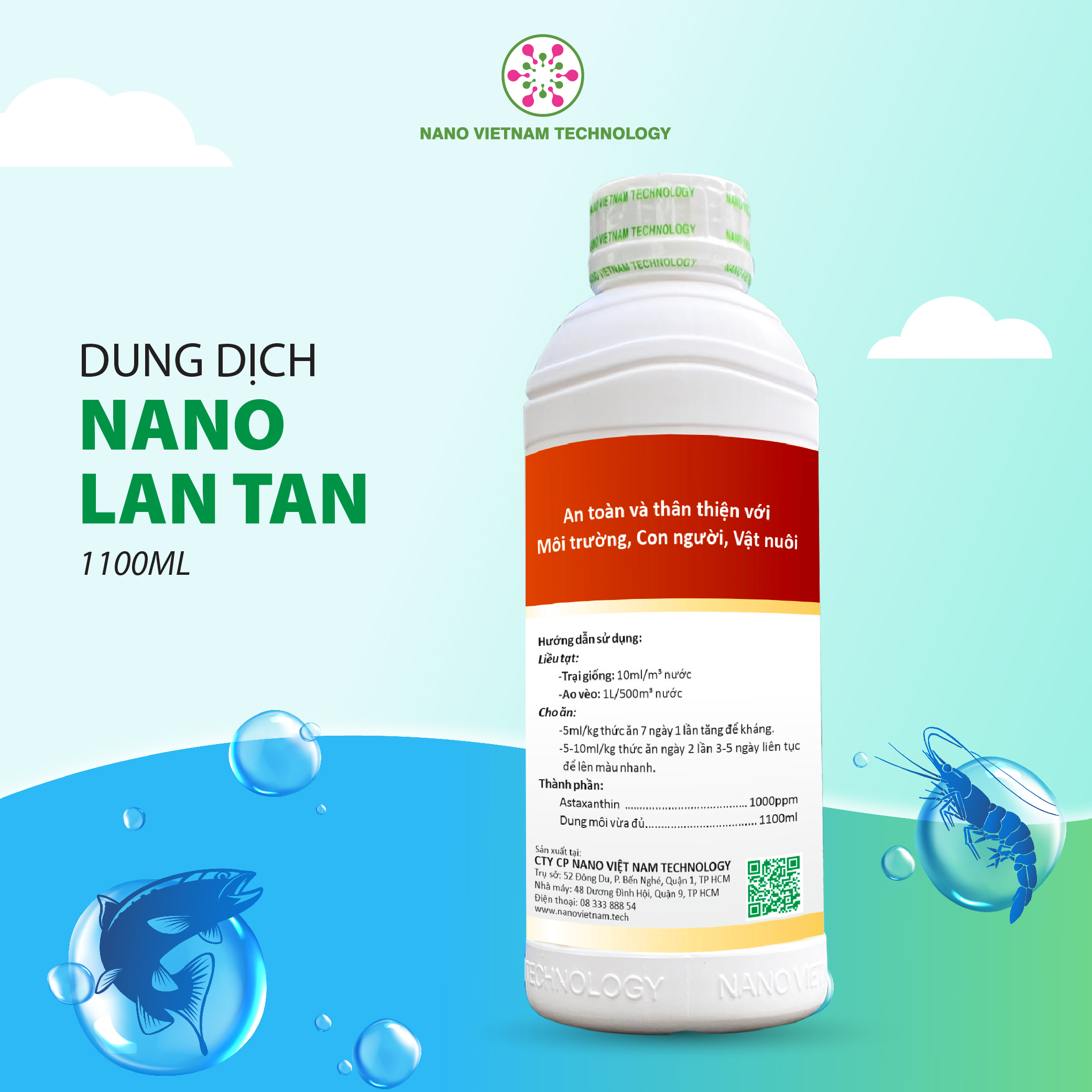 Nano lantan 100% nguyên chất Nano Vietnam Tech cho tôm, cá và động vật thủy sinh 1100ML