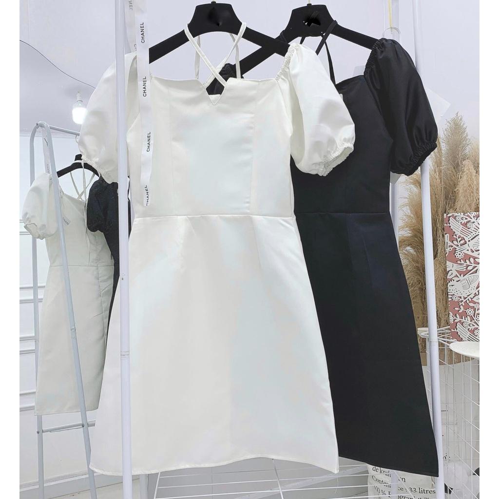 Váy Buộc Dây Chéo Cổ Khóa Lưng, Đầm Nữ Chữ A Hàn Quốc