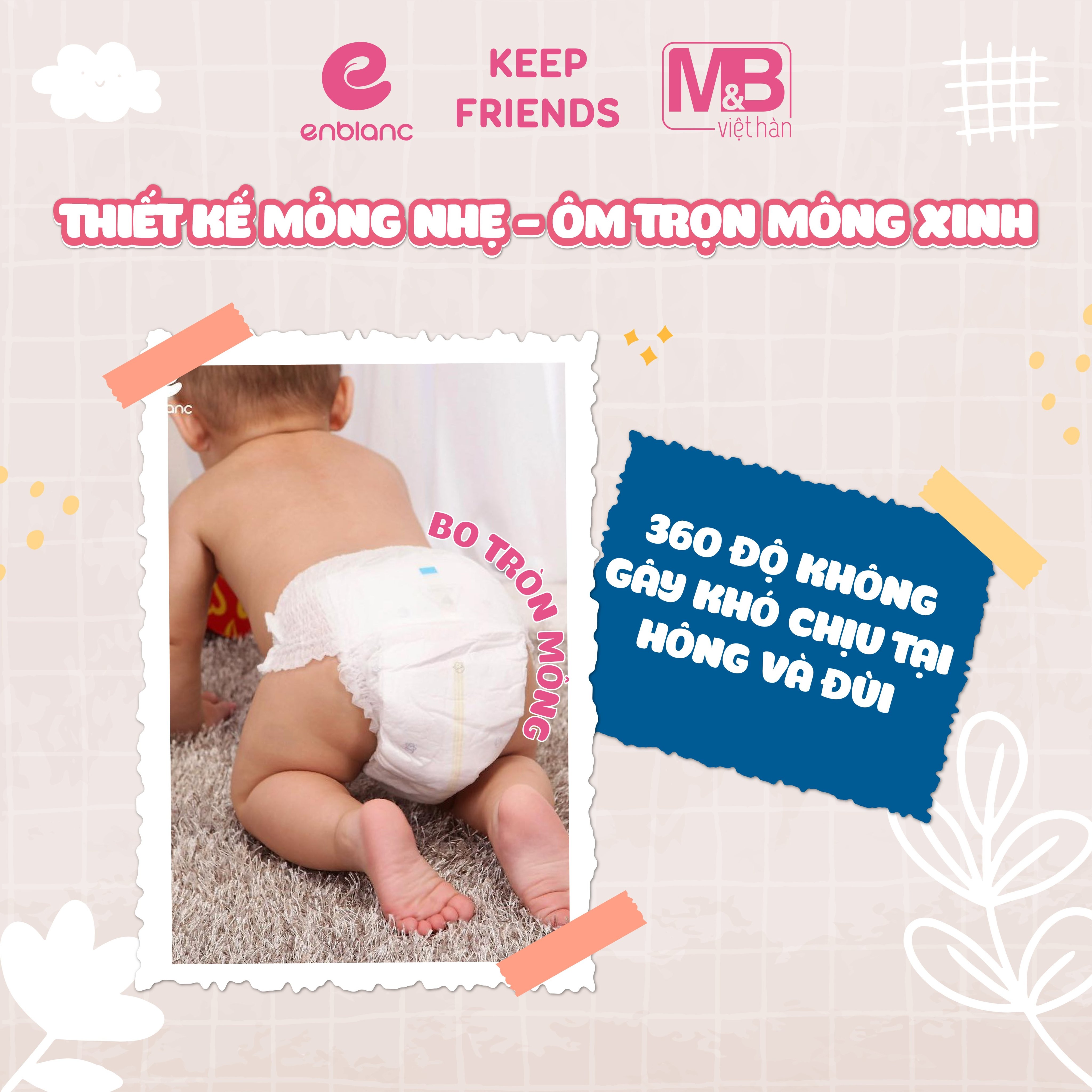 Combo 3 Bịch Tã Quần Cao Cấp Hàn Quốc ENBLANC KEEP FRIENDS Mỏng Nhẹ, Thấm Hút Siêu Nhanh Cho Bé Trai Size XXL 18 Miếng