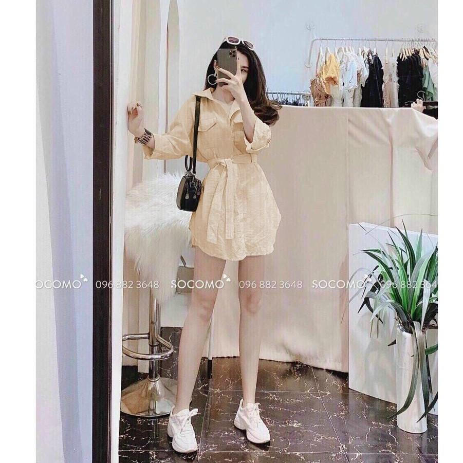 Đầm sơmi cột nơ eo kèm quần short ngắn