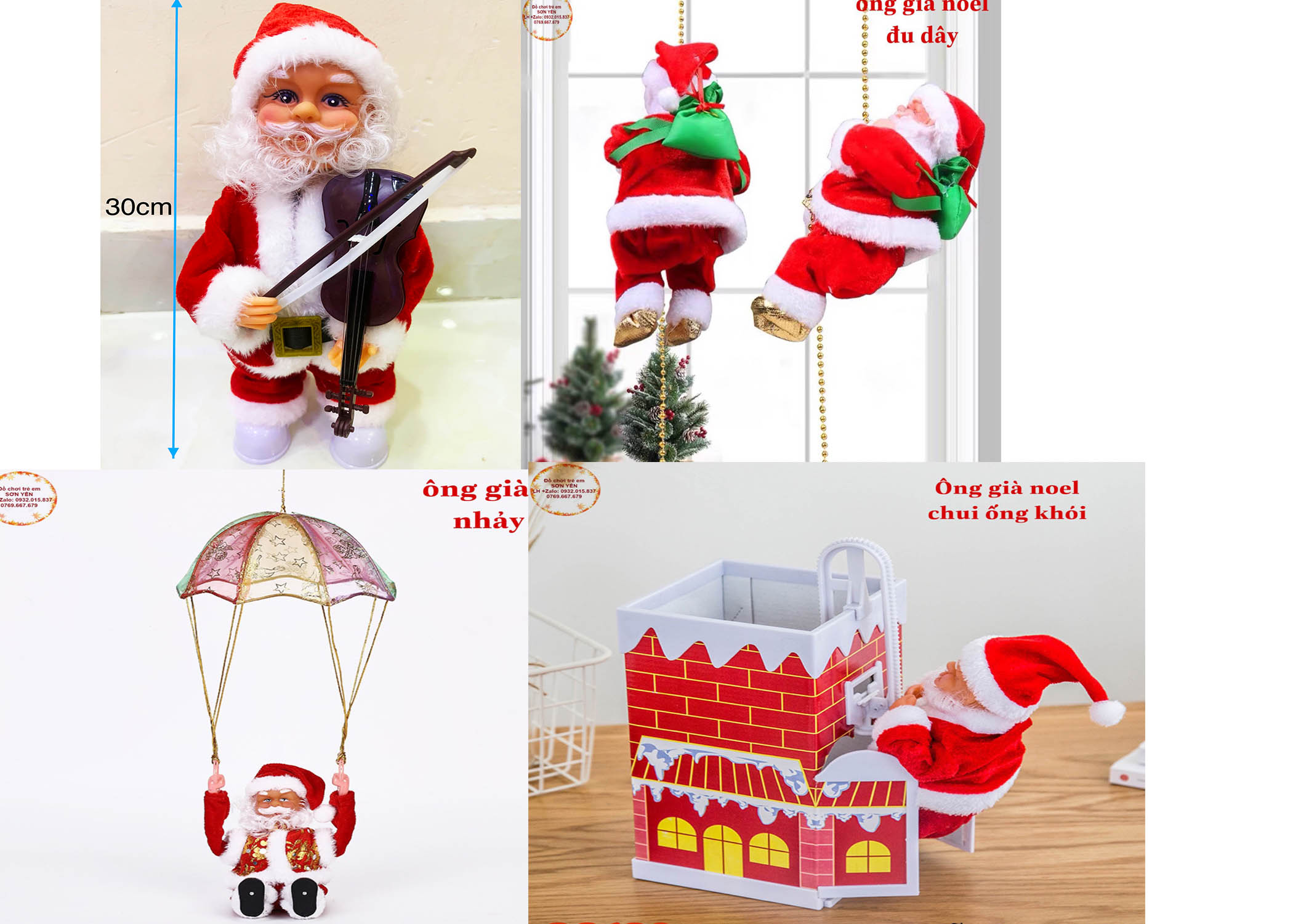 Ông già noel nhảy dù, kéo đàn violon, leo dây, chui ống khói có đèn nhạc giáng sinh