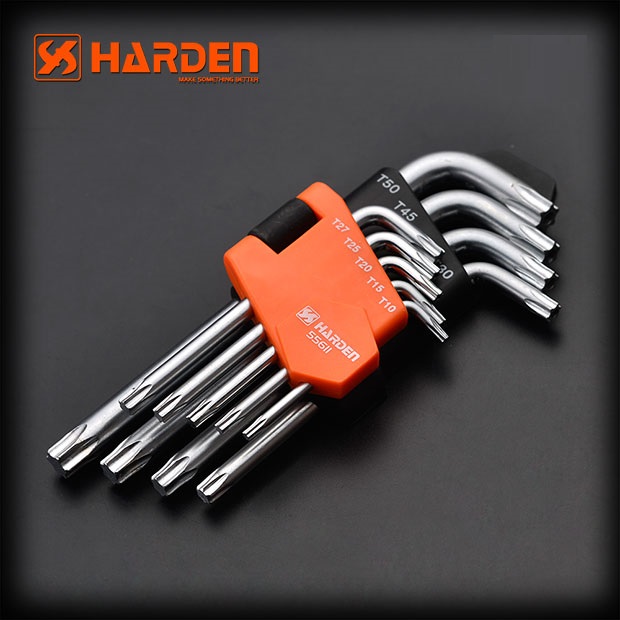 Bộ Tô Lục Giác Đầu Sao 09 Chi Tiết HARDEN 540601 Loại Ngắn, Hàng Chính Hãng, Được Làm Từ Chất Liệu Thép Chrome Vanadium, Độ Cứng Cao. Sản Phẩm Đựng Trong Vỉ Nhựa Tiện Lợi Và Bền Đẹp. Thông số kỹ thuật : T10 、 T15 、 T20 、 T25 、 T27 、 T30 、 T40、T45 、 T50mm