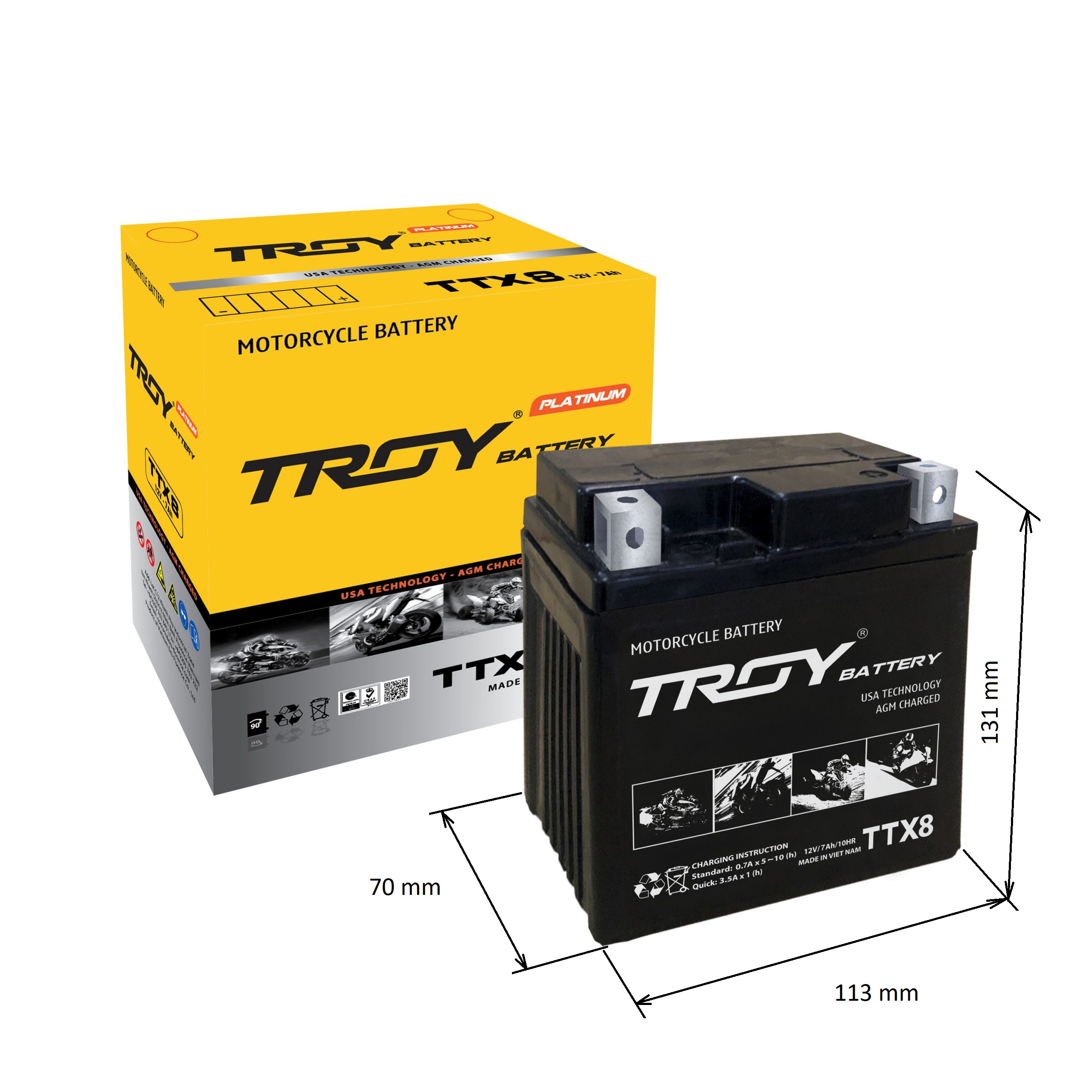 Ắc quy xe máy Troy TTX8, 12V, 7Ah