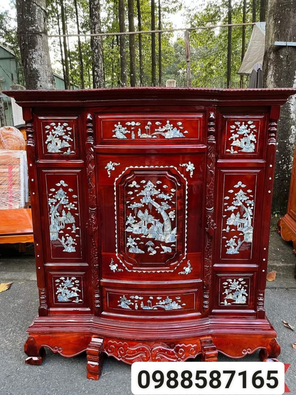 Tủ thờ khảm trai gỗ tràm bụng phệ cao cấp gia rẻ ngang 1m60