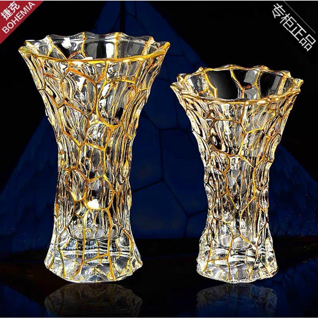 LỌ HOA THỦY TINH CAO 30CM LOE MIỆNG VÀ LỌ BÔ ĐÊ MIỆNG VÂN ĐÁ VIỀN VÀNG, HÀNG CAO CẤP