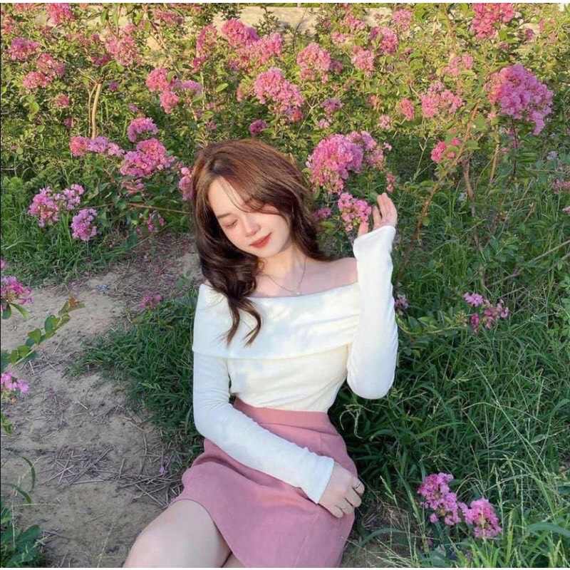 Áo thun gân tăm trễ vai dài tay dáng body sang chảnh