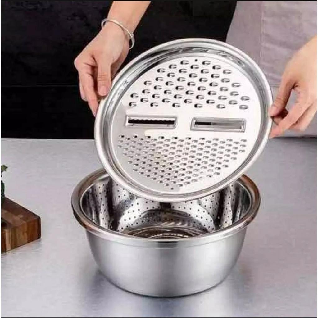 Bộ nạo rau củ 3 món kiêm rổ và chậu inox cao cấp đa năng, tiện lợi dùng cho nhà bếp