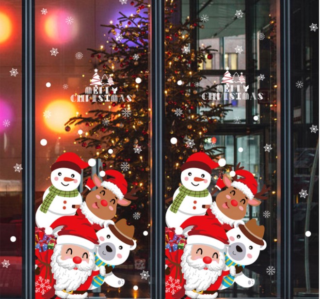 Decal trang trí Noel người tuyết, gấu trắng và ông noel lấp ló chào đón