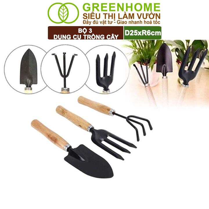 Dụng Cụ Làm Vườn Greenhome, D25cm, Cán Gỗ, Lưỡi Thép, Gồm Xẻng Xúc Đất, Cào, Chĩa, Trồng Cây, Làm Cỏ Dễ Dàng