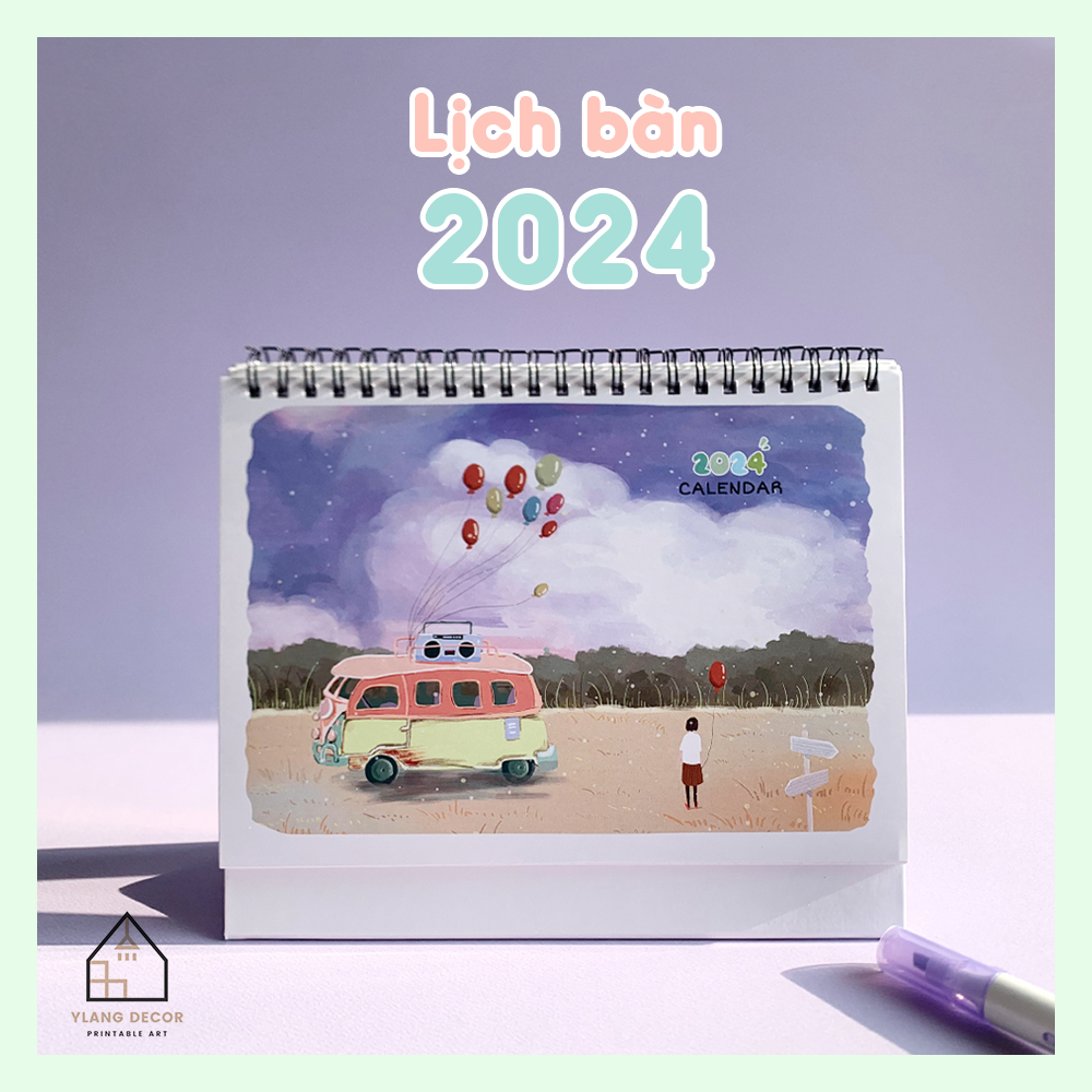 Lịch để bàn 2024 [ TẶNG 12/2023 ] - có lịch âm, note ngày lễ - tone màu pastel cute 2