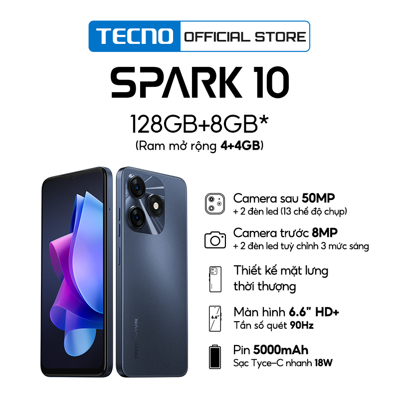 Điện thoại Tecno SPARK 10 4GB/128GB - Camera 50MP | 5000 mAh | Sạc nhanh 18W | Cảm ứng vân tay - Hàng chính hãng