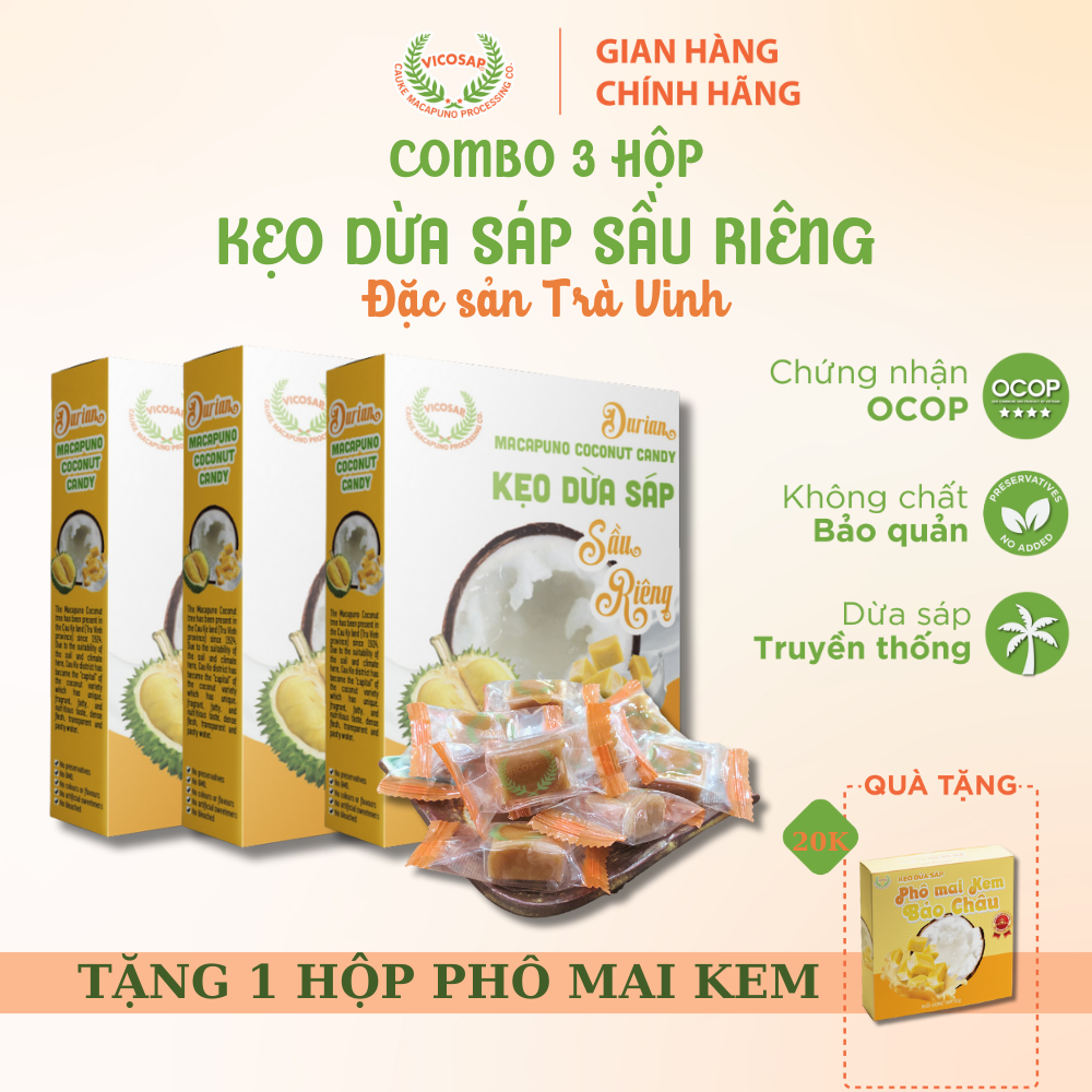 Combo 3 hộp Kẹo dừa sáp VICOSAP vị sầu riêng kẹo mềm dẻo ít đường đặc sản Trà Vinh 100g Snack Food