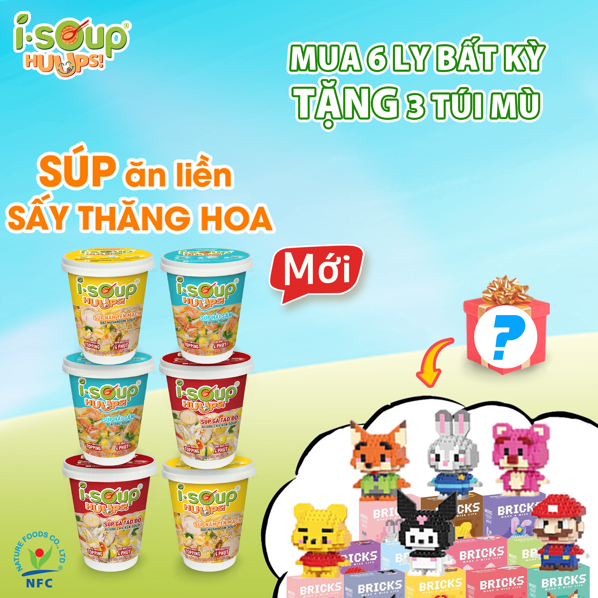 Combo 6 Ly ISOUP HUUPS Bất Kỳ Tặng 3 Túi Mù - Súp Ăn Liền Sấy Thăng Hoa