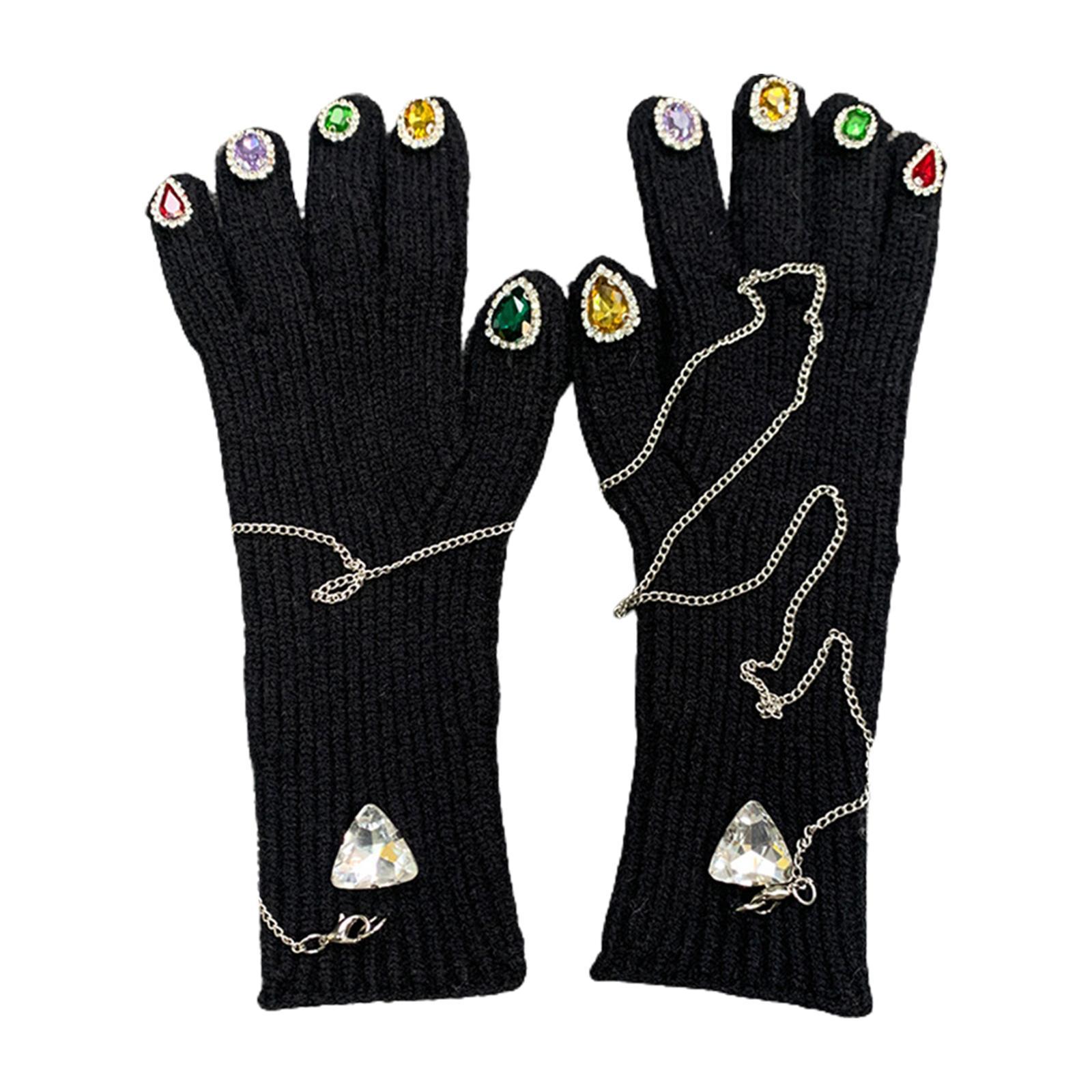 Women Winter Warm Gloves Faux Rhinestone Full Finger Thermal Gloves Elastic