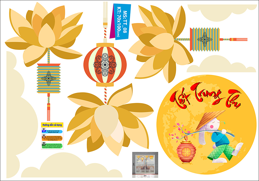 Decal trang trí trung thu 2021 Thỏ Trắng rước đèn trên cung Trăng