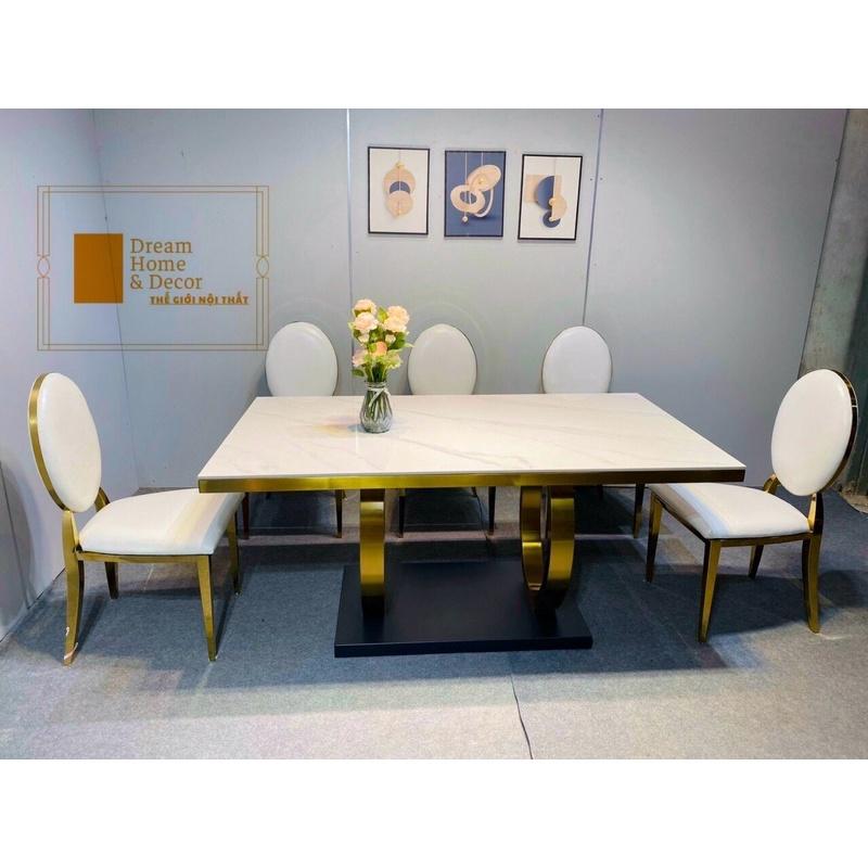 Bộ bàn ghế ăn nhập khẩu bàn double kết hợp ghế louis mạ vàng cực chanh xả