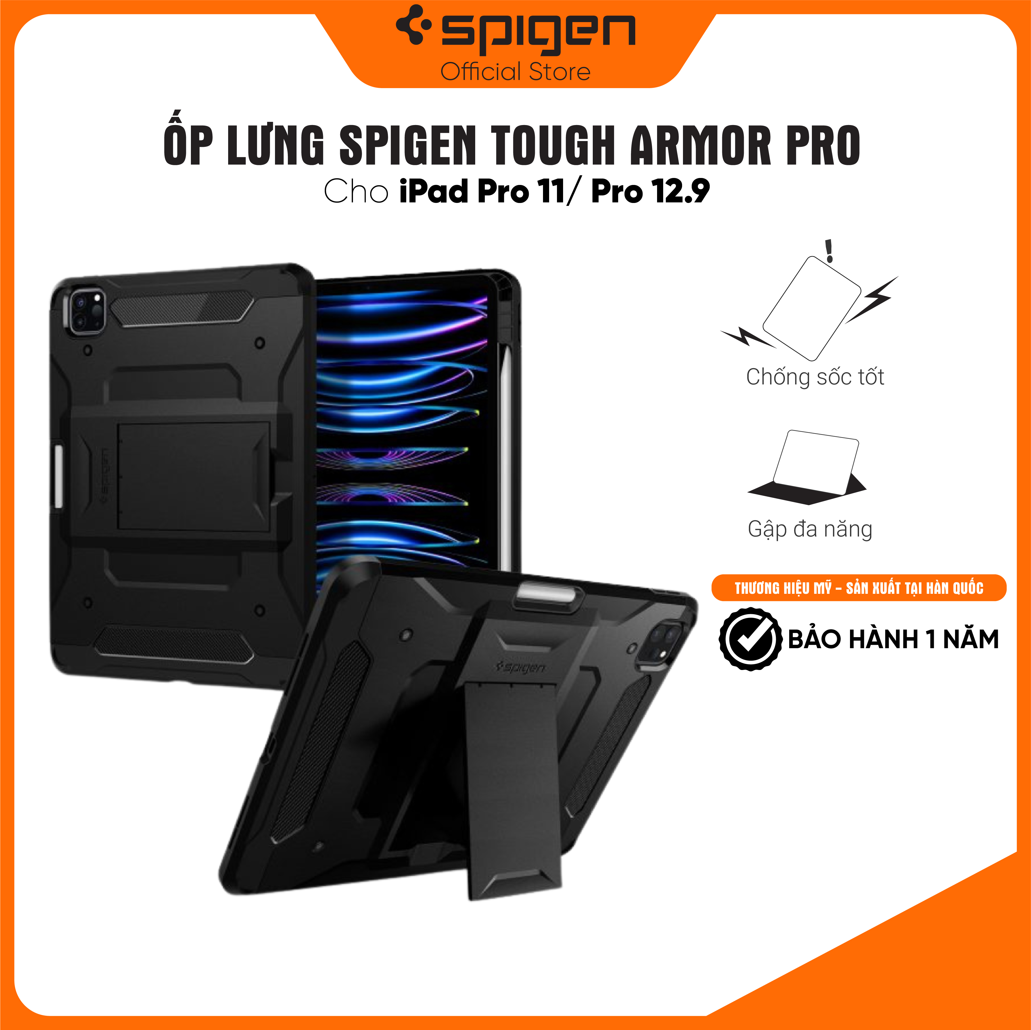 Ốp lưng Spigen Tough Armor Pro cho iPad Pro 11/ Pro 12.9 - Thiết kế tỉ mỉ, chống sốc, gập đa năng - Hàng chính hãng