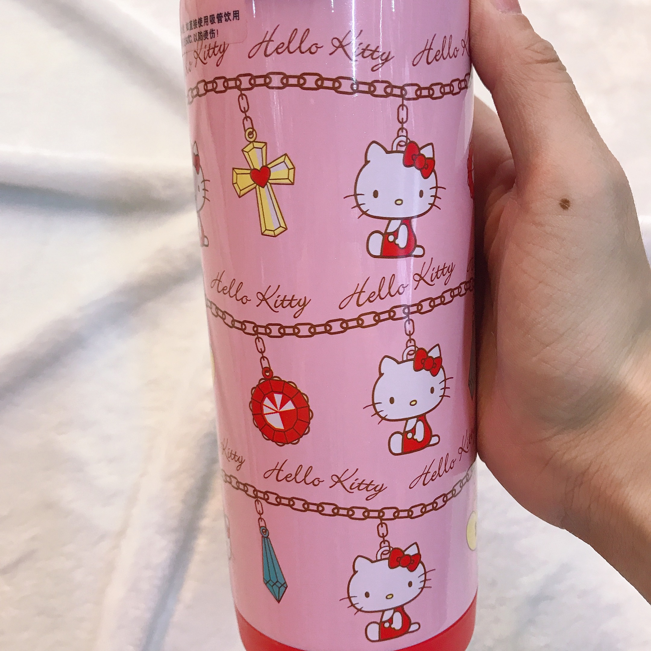 Bình nước giữ nhiệt hình mèo Kitty dây xích nắp trong suốt màu hồng nhạt cho trẻ em, bé gái -  - KT3663HN