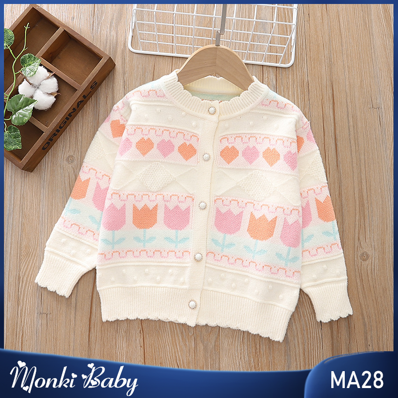 Áo khoác cardigan len bé gái, chất đẹp dày dặn, dáng xinh, len đanh mềm giữ nhiệt tốt, hình thêu cherry dễ thương, áo len ấm bé gái mùa đông | MA28