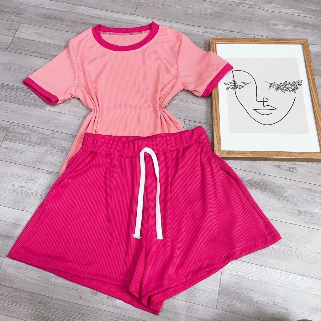 Set bộ bigsize nữ 2 món gồm áo thun cổ tròn viền kết hợp quần đùi thun cột dây hàng thiết kế chất liệu gân- SET11