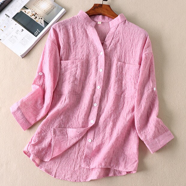 Áo sơ mi đũi Haint Boutique, Áo sơ mi nữ cổ V xinh phong cách vitage Sm99