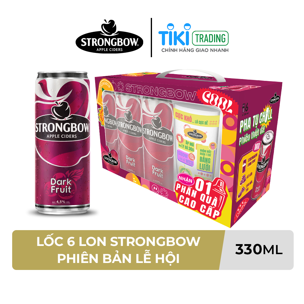 Lốc 6 lon nước táo lên men Strongbow Vị Dâu đen 330ml/lon - Phiên bản lễ hội tặng kèm 1 bình shake trong hộp