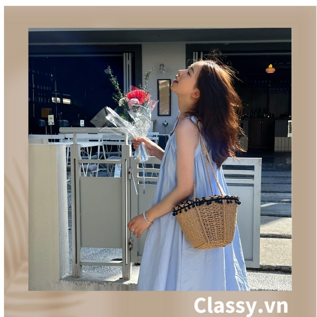 Túi cói Classy đi biển đính hoạ tiết bông gòn đen, kiểu dáng Vintage, có lớp lót trong rộng rãi T331