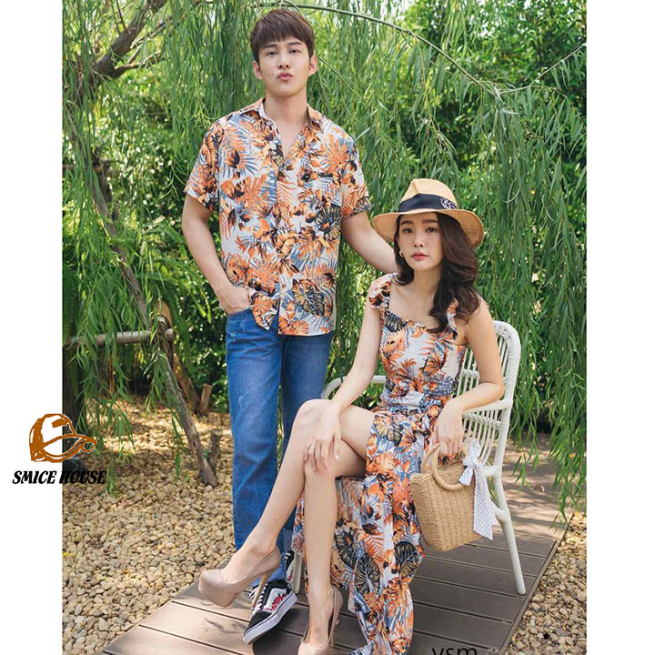 SET ÁO VÁY ĐÔI HOA LÁ ĐI BIỂN CHỤP HÌNH CƯỚI ĐẸP/ ĐỒ CẶP TÌNH NHÂN ÁO SƠ MI NAM ĐẦM XẺ TÀ NỮ PHONG CÁCH HÀN QUỐC - SMICE HOUSE
