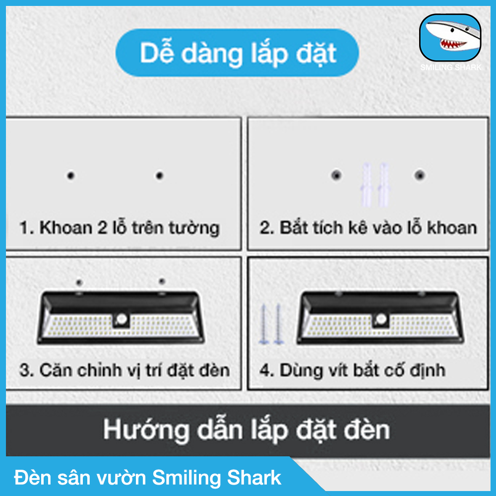 Đèn Led năng lượng mặt trời Smiling Shark siêu sáng, công nghệ chống bức xạ có hại, cảm ứng hồng ngoại thông minh 3 chế độ, chống nước IP65, thắp sáng sân vườn, trụ cổng, lối đi ngoài trời - Hàng chính hãng