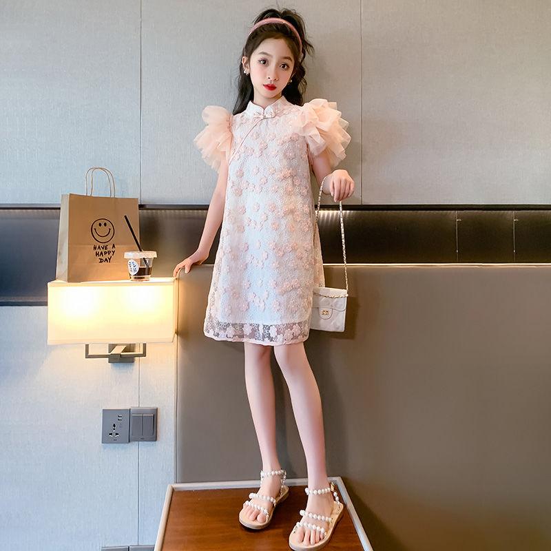 SHUANGYAN Đầm sườn xám cho bé gái Trang phục mùa hè 2023 Phong cách phương Tây Thời trang Hanbok váy công chúa cho bé gái váy mùa hè