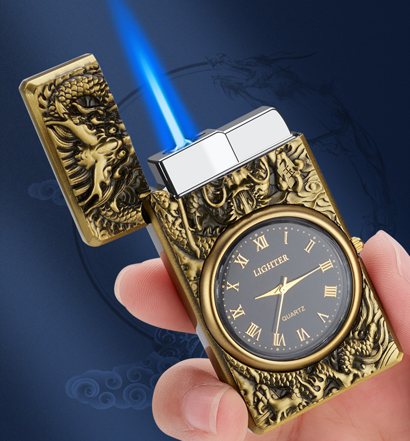 Hột Quẹt Bật Lửa Gas HF602 Khò 1 Tia Hình Rồng/Quan Công/Kẻ Caro... Kiêm Đồng Hồ La Mã Độc Đáo
