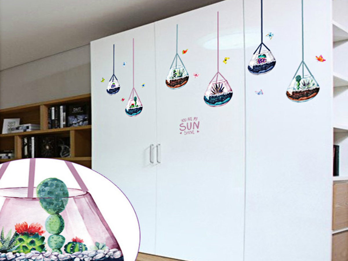 decal dán tường dây treo giỏ hoa tím