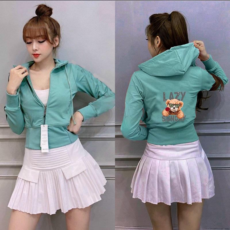 Áo khoác nữ croptop dáng lửng hình in freesize 54kg tay dài có nón
