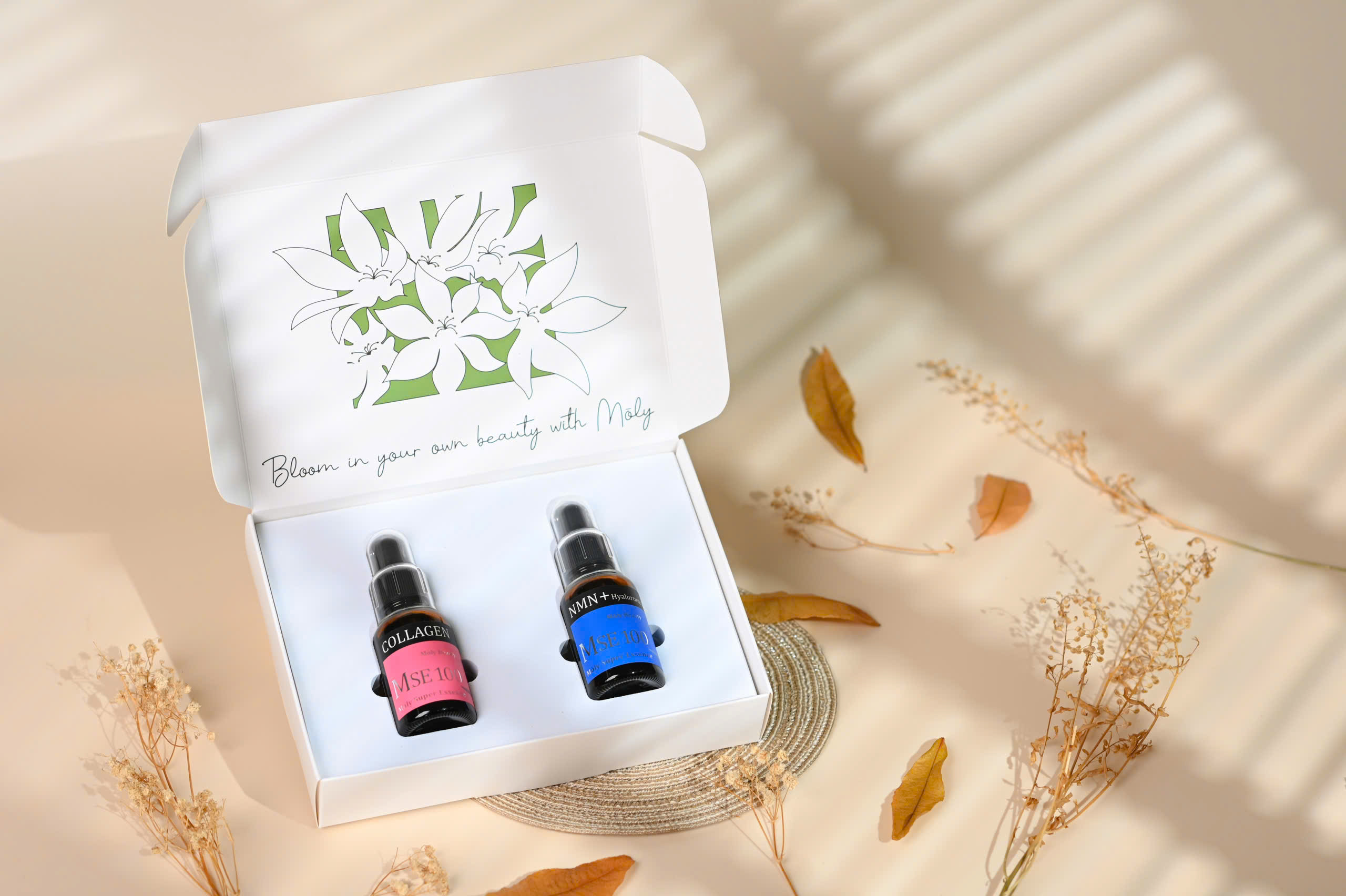 Bộ quà tặng tinh chất phục hồi trẻ hóa da NMN+HY 30ml + tinh chất tái tạo đàn hồi da Collagen 30ml - Mōly Beauty