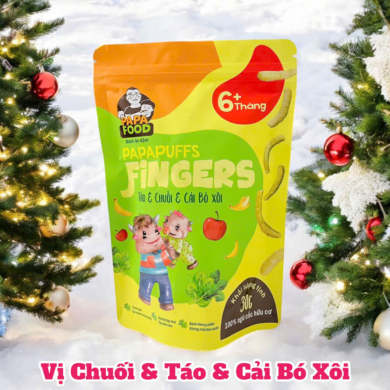 Bánh ăn dặm PAPAFOOD PAPAPUFFS Chuối &amp; Táo &amp; Cải Bó Xôi - 100% Ngũ Cố Hữu Cơ - Gói 30G