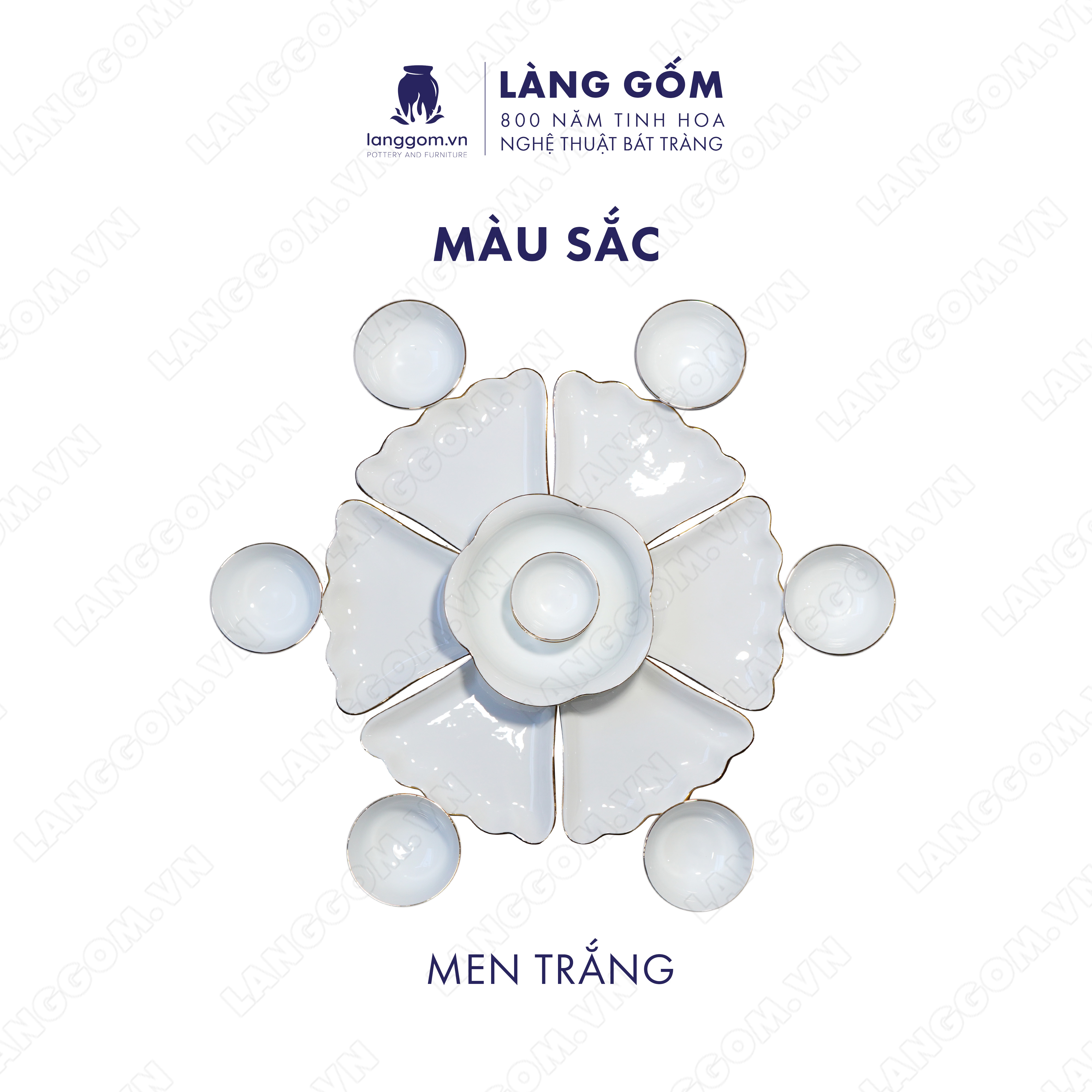 Bộ bàn ăn mặt trời Men trắng vẽ chỉ vàng - Size: 45 cm - Gốm sứ Bát Tràng - langgom.vn